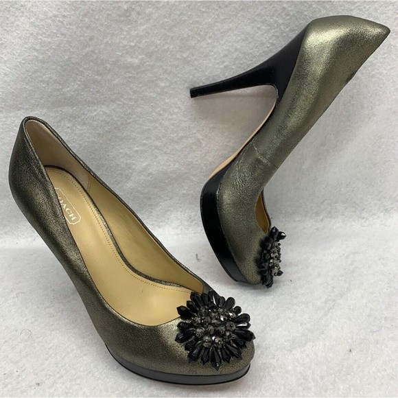 Coach Shoes Pumps Heels Bergen Soft Crackled Leather Green Women's Size 8.5B - Picture 2 of 15